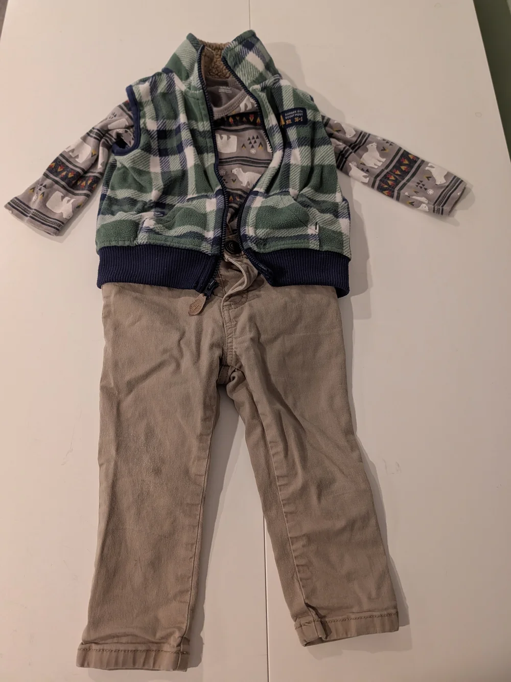 Burt's Bees Baby Green Plaid Sherpa-Lined Vest Set with Tan Pants
